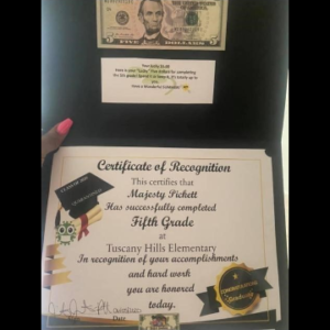 Certificate of recognition and 5 dollar bill